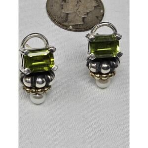 Vtg Lagos Caviar 18k 925 Pearl & Peridot Statement Earrings